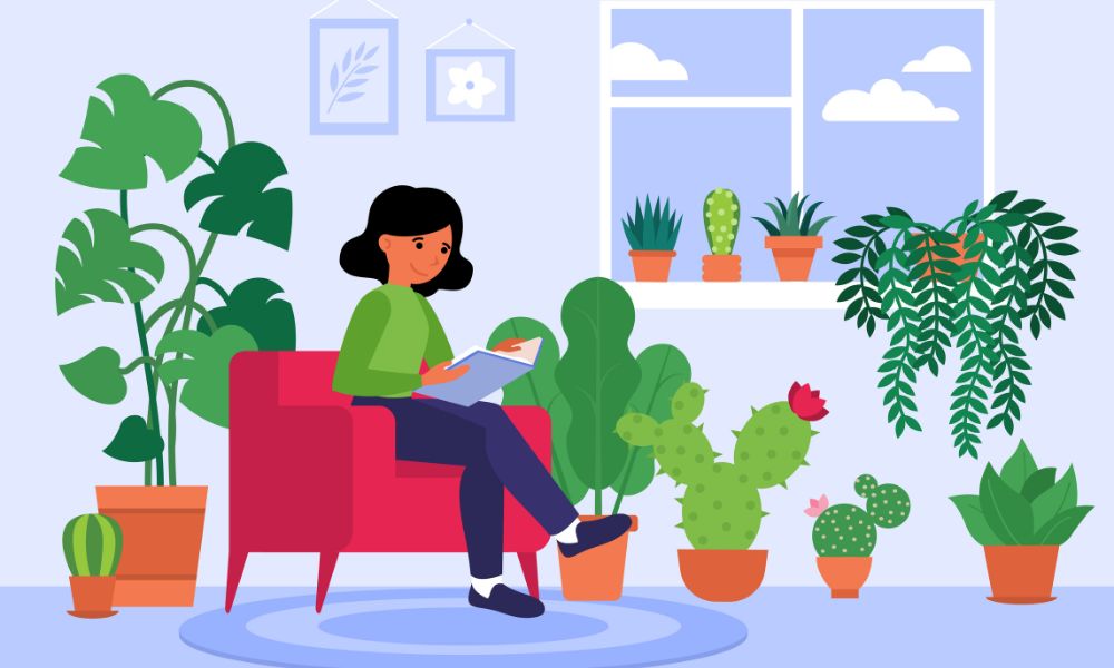 Cantinho de leitura e relaxamento com poltrona, plantas e luz natural Jovem lendo um livro sentada em poltrona vermelha em um cantinho relaxante com plantas, janela e luz natural. Ilustração vetorial de ambiente acolhedor.