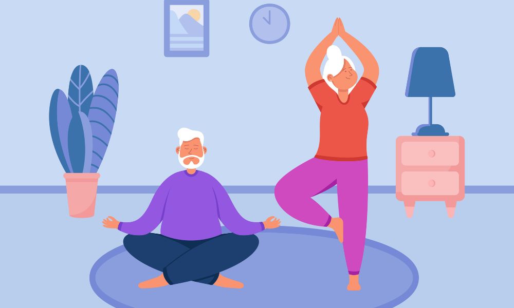 Casal meditando em ambiente tranquilo, transmitindo paz e serenidade.