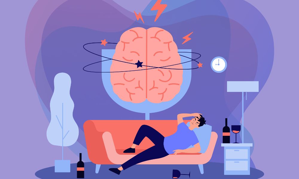 Cérebro em processo de consolidação de memória durante o sono e um corpo sendo "reparado".