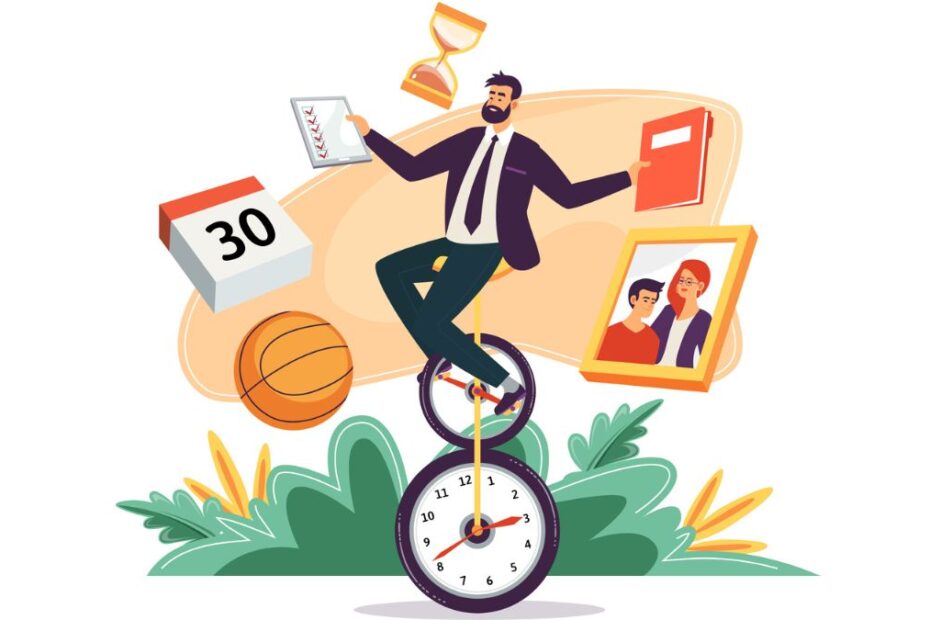 Homem de terno azul-marinho equilibrado sobre monociclo com pneu de relógio, simbolizando equilíbrio entre trabalho, vida pessoal e gestão do tempo. Ilustração vetorial plana.