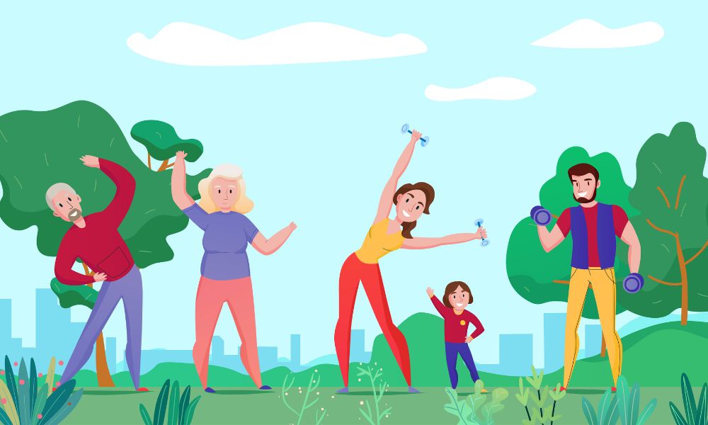 Família se exercitando, demonstrando que a atividade física pode ser prazerosa e afastar o cansaço