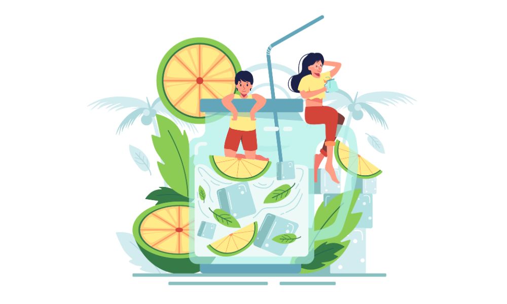 Pessoas bebendo água com expressão de satisfação e vitalidade.