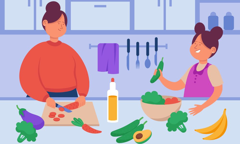 Mãe e filha cozinhando juntas, promovendo hábitos alimentares saudáveis e momentos de qualidade