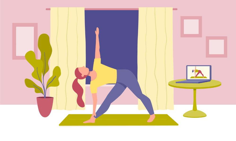 Mulher se exercitando em casa com pesos leves, mostrando que a atividade física pode ser feita em qualquer lugar.