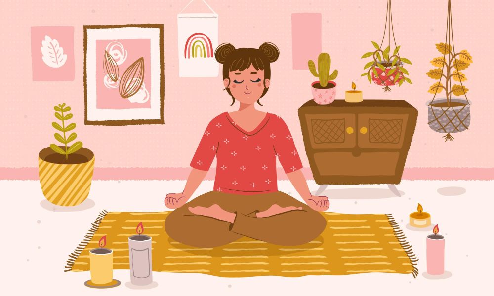 Meditação em casa: mulher na posição de lótus com velas e plantas Mulher meditando na posição de lótus em ambiente aconchegante com velas, plantas e decoração boho-chic. Ilustração vetorial em tons terrosos.