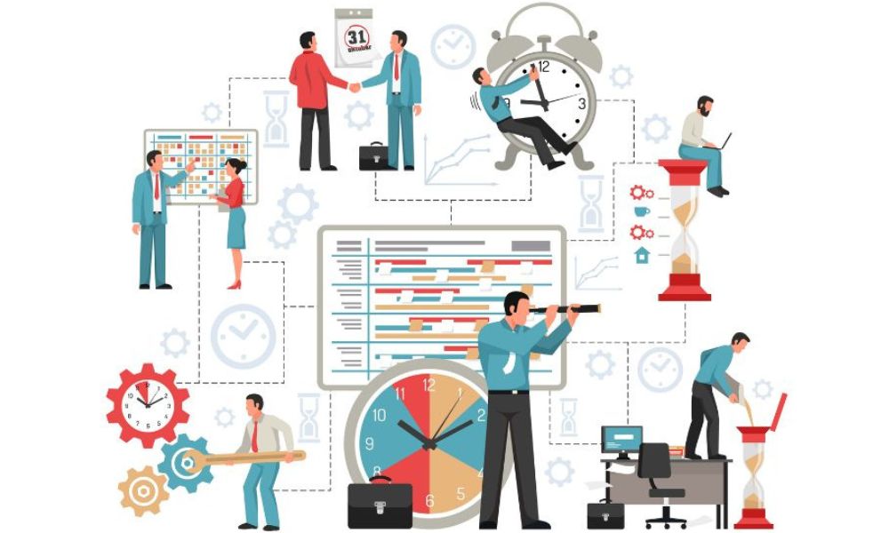 Sobrecarga de informações e estresse por prazos no ambiente corporativo Ilustração conceitual sobre sobrecarga de informações e gestão do tempo no trabalho, com profissionais lidando com prazos, reuniões, gráficos e ampulhetas em um cenário corporativo fragmentado.