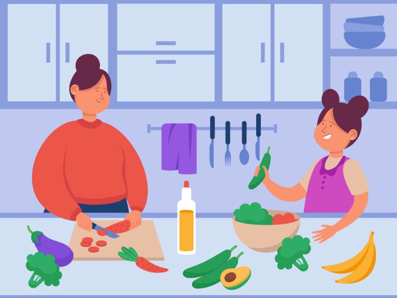 mãe-e-filha-cozinhando-alimentacao-saudavel-pratos-coloridos-vegetais-frutas-graos-integrais