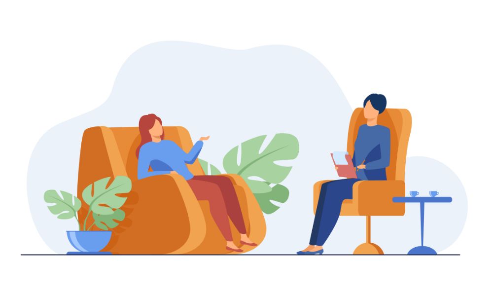Sessão de psicoterapia em ambiente acolhedor com terapeuta e cliente Sessão de terapia com cliente gesticulando em poltrona laranja e terapeuta com prancheta ouvindo atentamente em sala aconchegante. Ilustração vetorial plana.