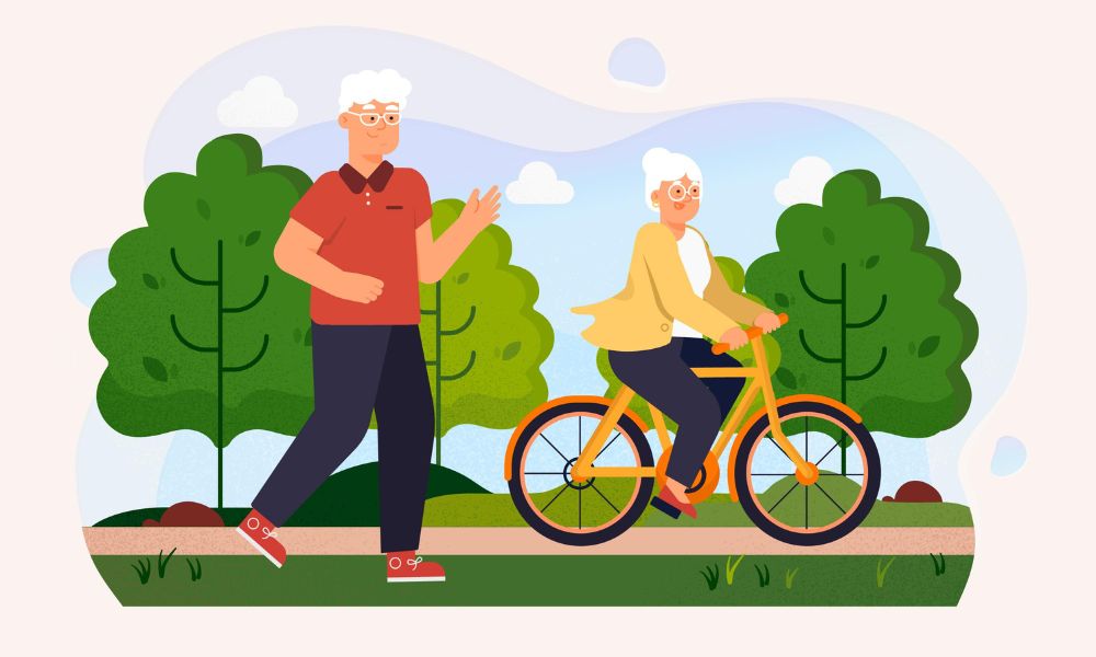 Idosos se exercitando e desfrutando de um dia lindo no parque