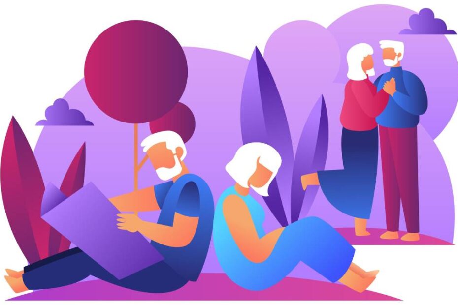Ilustração vetorial em tons de violeta e azul de quatro idosos em um parque abstrato. No primeiro plano, um casal está sentado de costas um para o outro (o homem lê um livro roxo); ao fundo, outro casal de idosos está de pé em um momento de carinho e conexão.