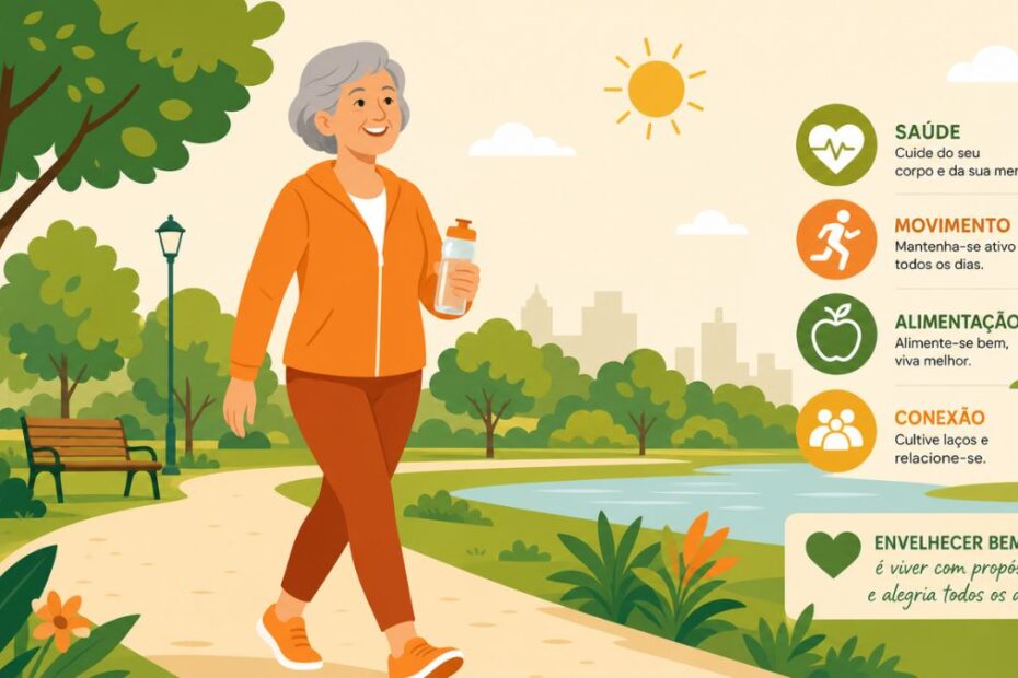 Ilustração vetorial de uma mulher sorridente na terceira idade caminhando em um parque ao ar livre, segurando uma garrafa de água, representando qualidade de vida na terceira idade e envelhecimento ativo.