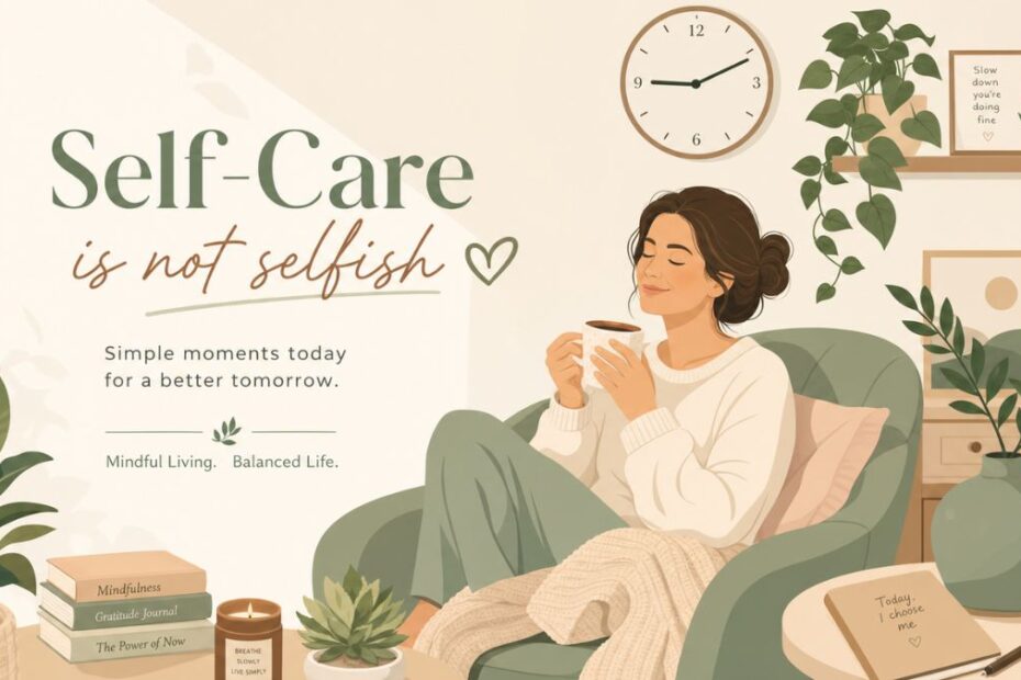 Autocuidado na correria: ilustração vetorial de mulher em momento de paz pela manhã com café, representando equilíbrio entre rotina e bem-estar — Vem Ser Saudável