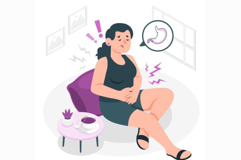 Mulher sentada expressando dor e queimação no estômago, simbolizando os sintomas do refluxo gastroesofágico.