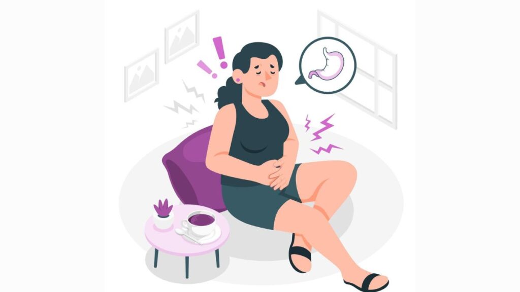 Ilustração de uma mulher sentada expressando dor e queimação no estômago, com um ícone de estômago e raios de dor, simbolizando os sintomas do refluxo gastroesofágico.