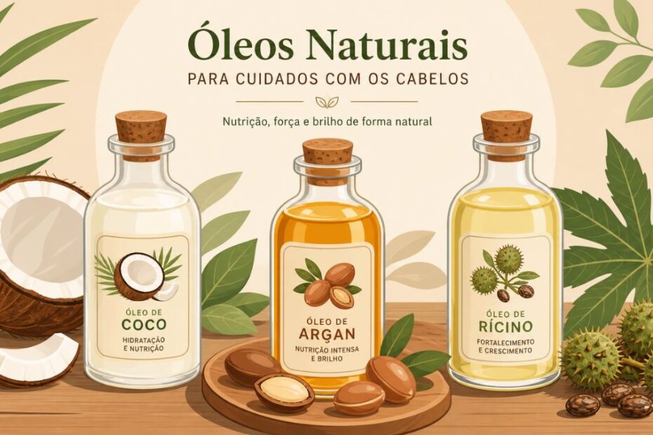 Óleos vegetais para cabelos coco argan e ricino em frascos vidro ilustracao vetorial tons terrosos
