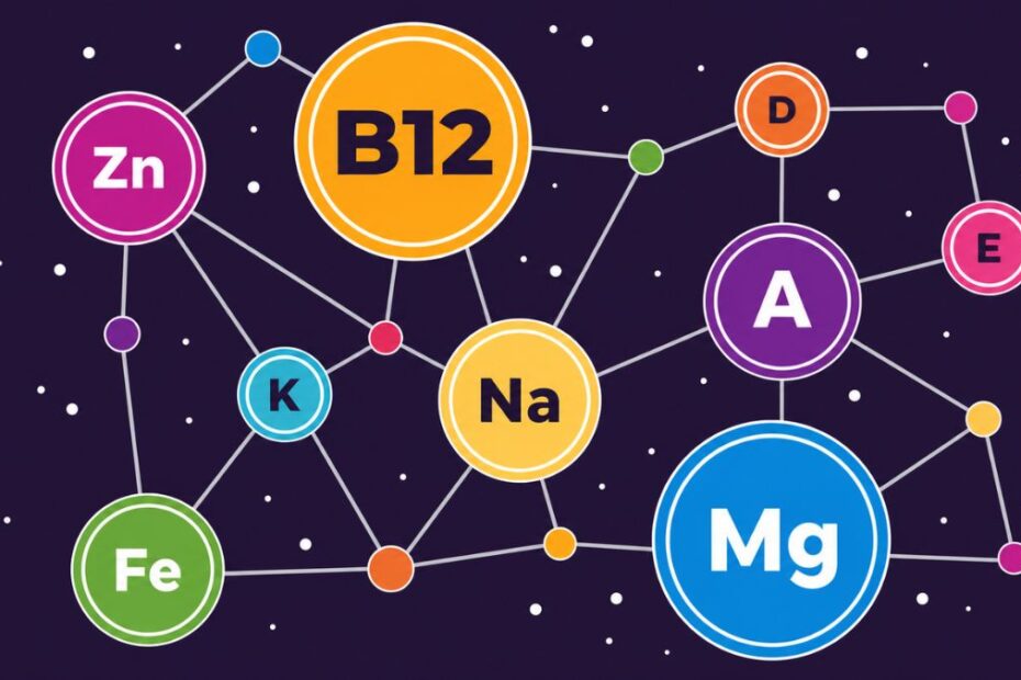 Deficiência de vitamina B12 — infográfico mostrando a vitamina B12 como um dos principais nutrientes em uma rede de conexão com outros minerais e vitaminas como magnésio, zinco, ferro, potássio, sódio, vitaminas A, D e E