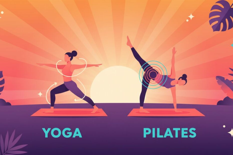 Diferença entre Yoga e Pilates: mulher na postura do Guerreiro II ao lado de praticante em exercício de equilíbrio de Pilates no tapete.