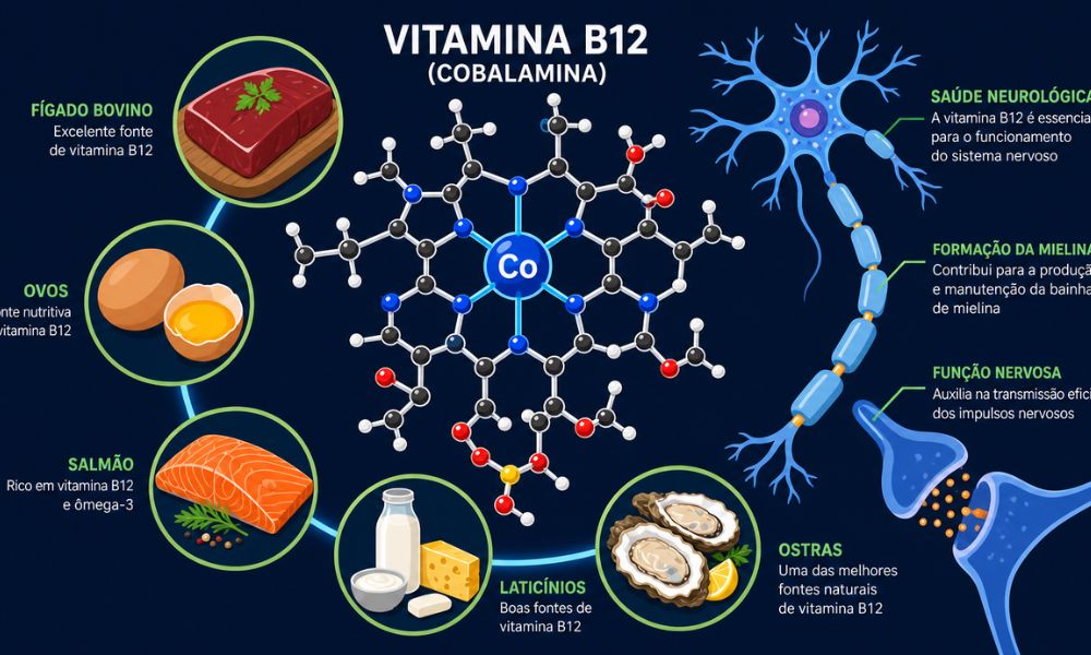 Deficiência de vitamina B12 — representação molecular da cobalamina com átomo de cobalto ao centro, cercada por alimentos fontes e ícones neurológicos