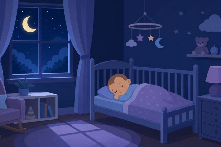 Bebê dormindo sereno no berço em quarto escuro com lua e estrelas — ilustração vetorial sobre a rotina de sono do bebê e da criança e como construir uma rotina que funciona.